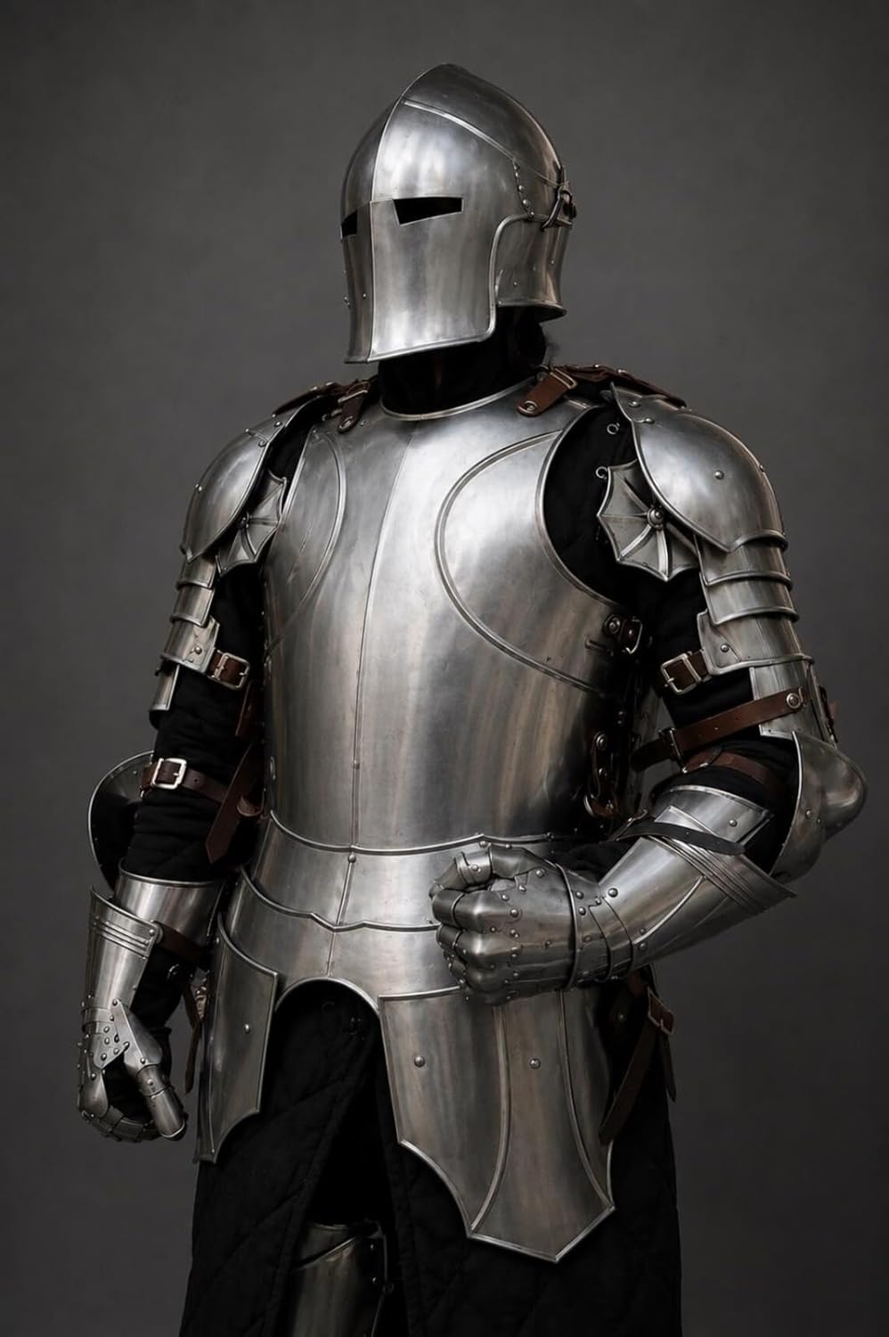 Medieval Steel Full Suit of Armor with Barbuta Helmet - Wearable 18 Gauge Steel Silver Costume Set for LARP, Theater, Cosplay, and Halloween (Full Body)