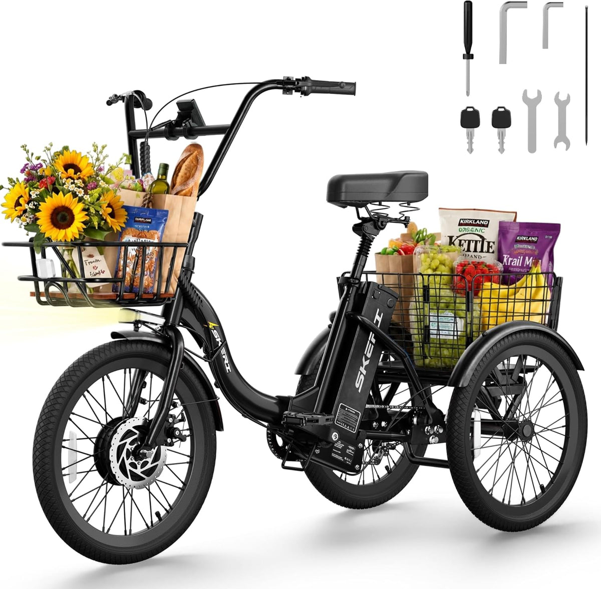 Skeri Electric Trike, Peak 1000W Electric Tricycle for Adults, 20" Folding 3-Wheel Electric Bike, Step-Thru E Trike with 624WH Removable Battery and Large Basket, Black