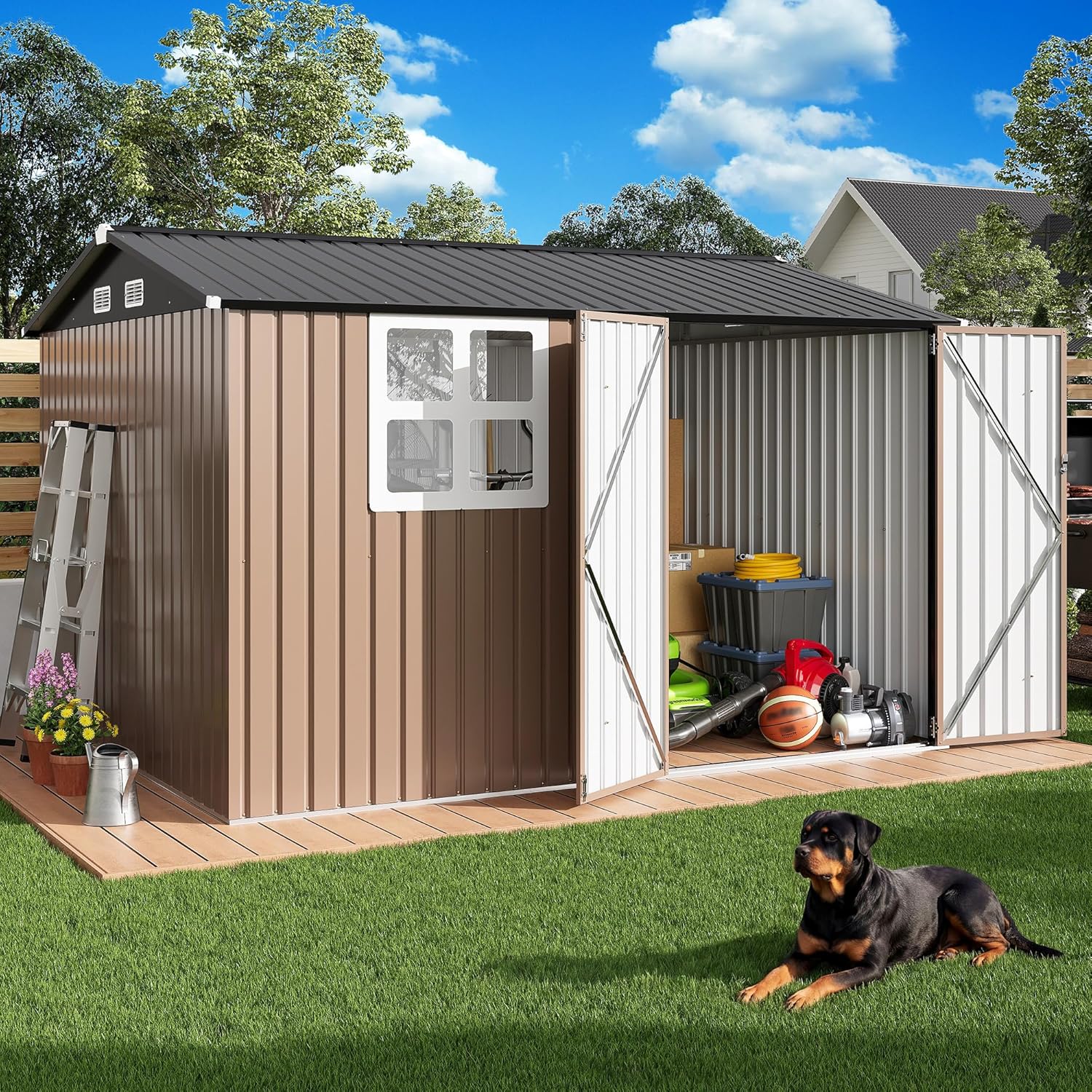 IRONCK 10x8.2 FT Storage Shed with Clear Window, Outdoor Tool Shed with Lockable Doors and Breathable Ventilation, Metal Garden Storage with 9.5x8 FT Base for Generators/Bikes/Wheelbarrows, Brown