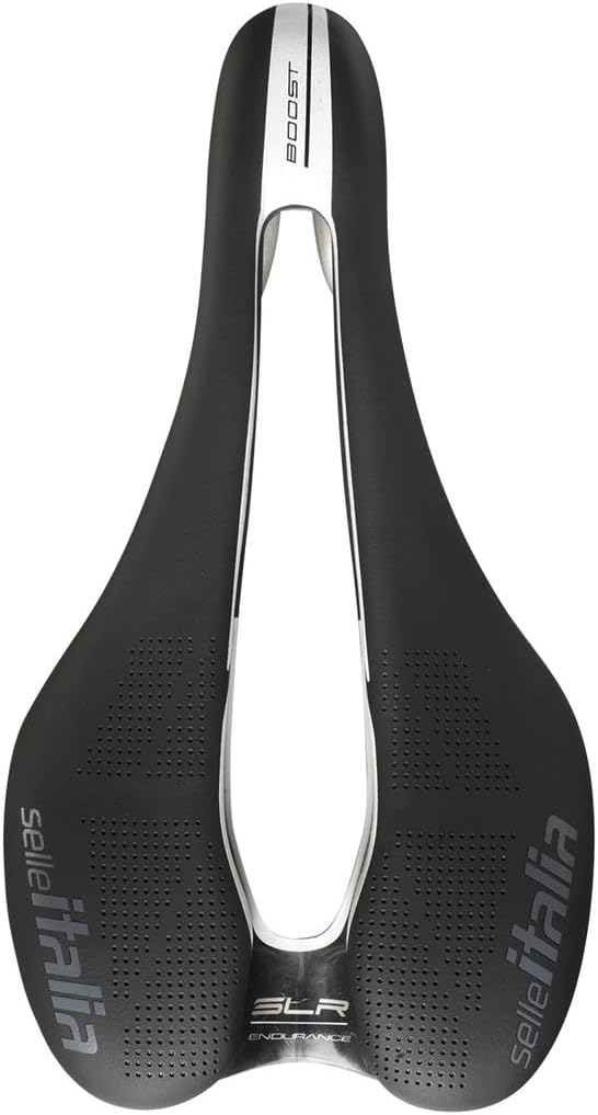 Selle Italia SLR Boost Endurance Ti316 Superflow Road Bike Saddle - Comfortable Road Bicycle Seat - Short Nose Saddle Road, Racing, Endurance, & Triathlon, Black & White, 248 x 130mm, 202g (SI510739)