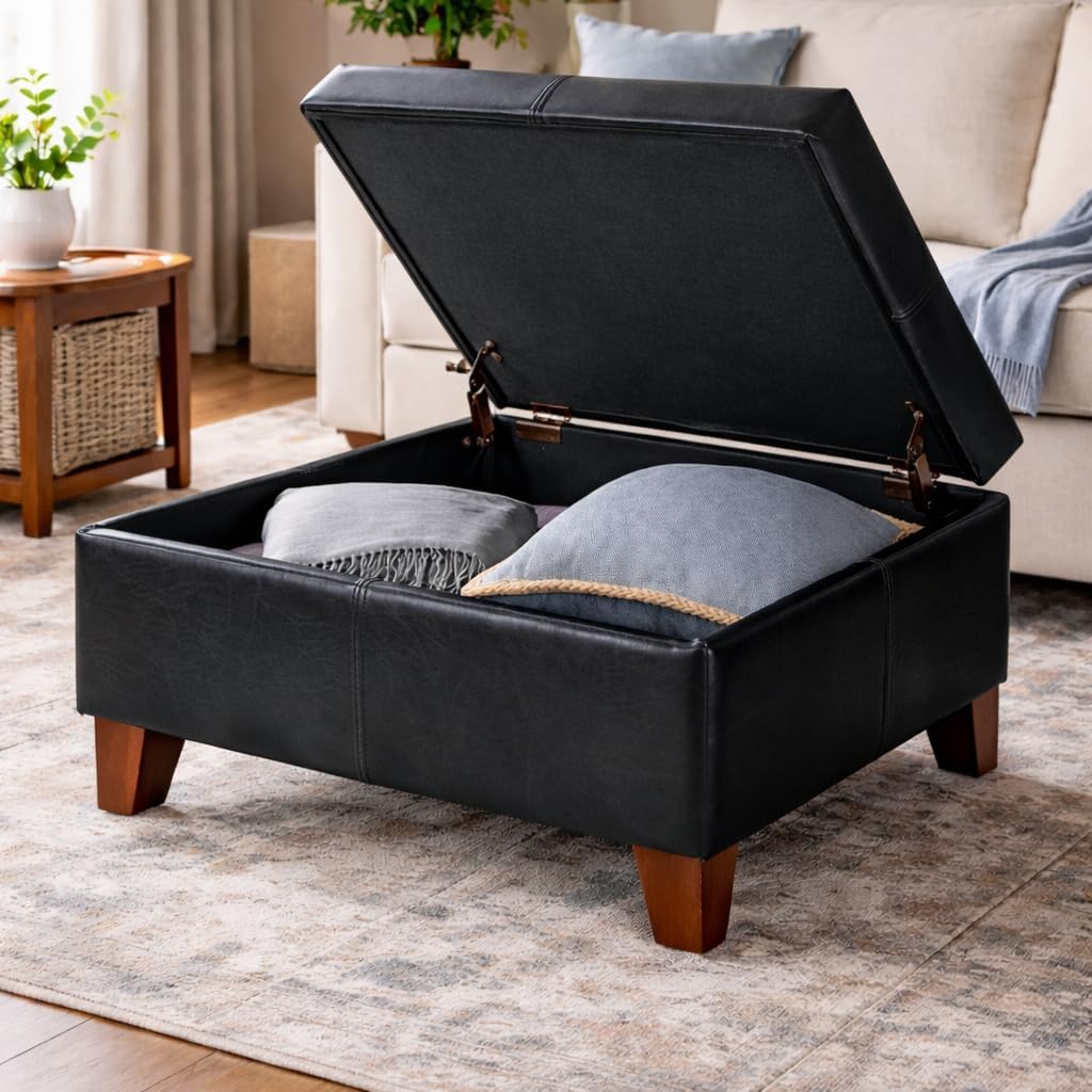 HomePop Faux Leather Square Storage Ottoman with Wood Legs, Black