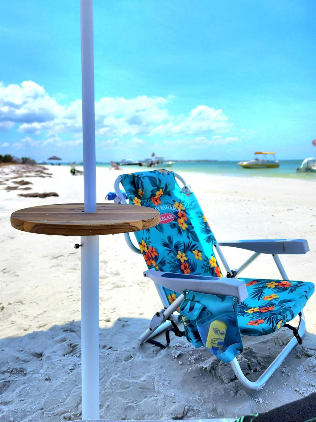 – Premium Portable Beach Umbrella Table System – 24" Teak Table with Adjustable Standpipe & Umbrella Included.