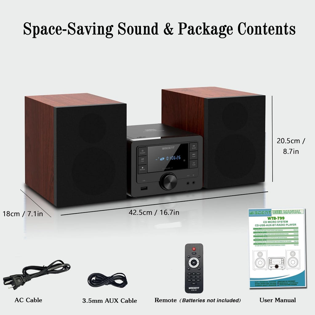 WISCENT Bluetooth Stereo System 40W for Home, CD Player with Wireless Streaming, MP3/USB/Audio in/FM Radio, Powerful Home Audio Sound System