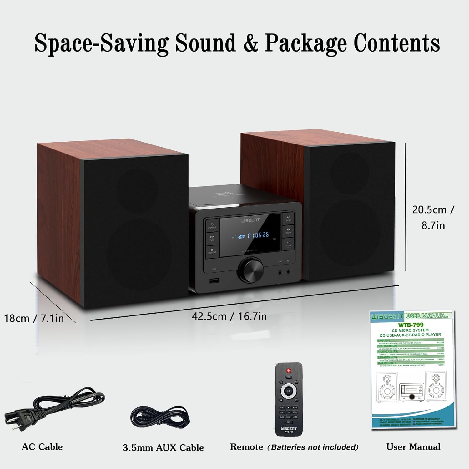 WISCENT Bluetooth Stereo System 40W for Home, CD Player with Wireless Streaming, MP3/USB/Audio in/FM Radio, Powerful Home Audio Sound System