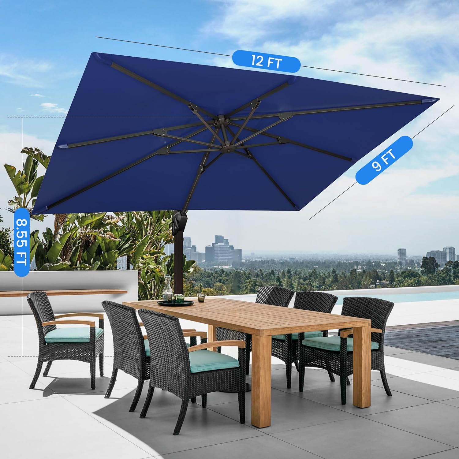 9' X 12' Cantilever Patio Umbrella with Base Included Rectangular Outdoor Large Offset Umbrellas with 7 Tilts Adjustable 360°Rotation for Deck Pool Garden Backyard, Navy