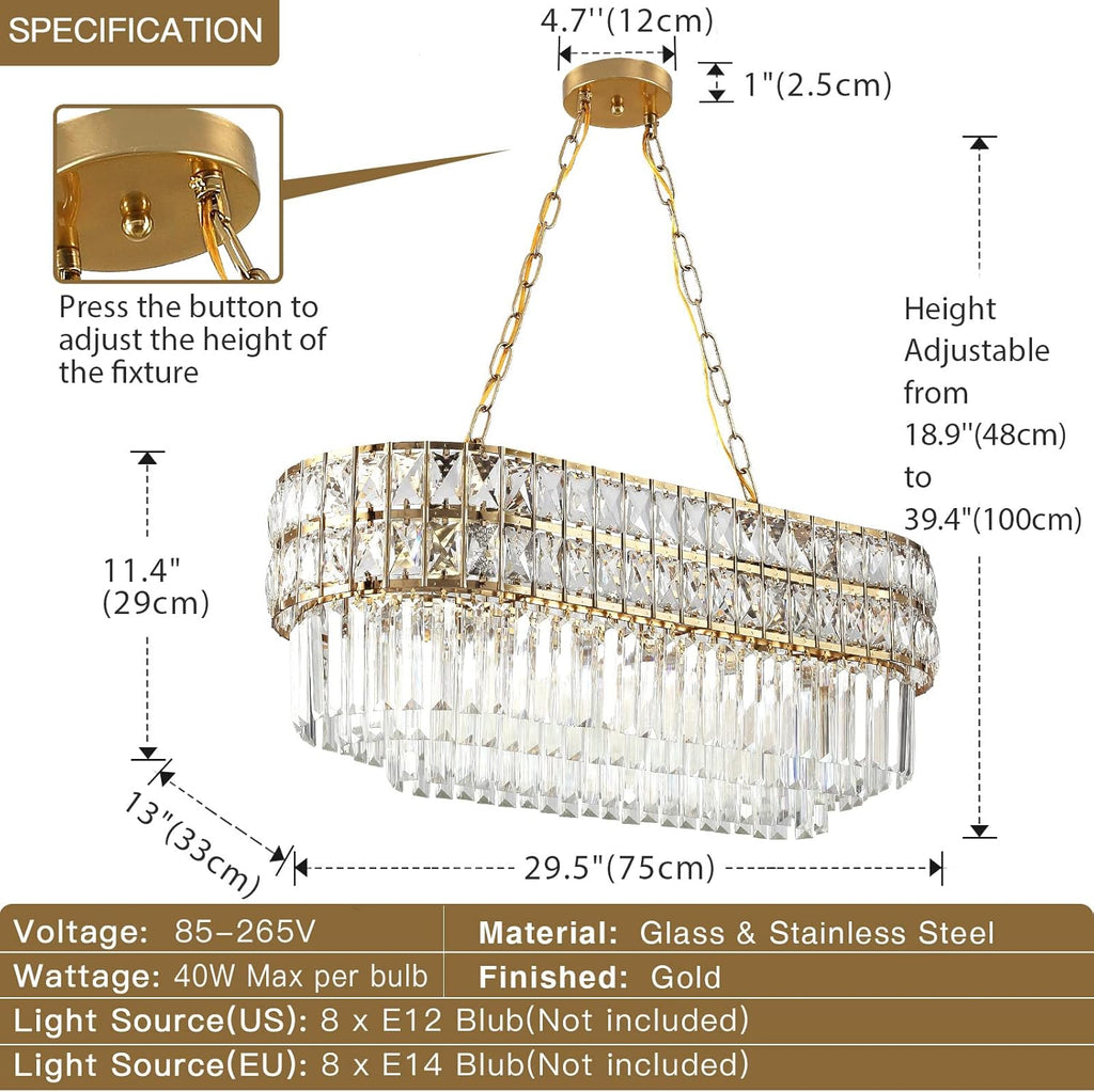 Modern Crystal Chandelier Gold Finish Light Fixture, Oval Crystal Pendant Light Hanging Lamp, for Living Room, Dining Room, Restaurant, E12 x 8, 29.5 x 13 inch