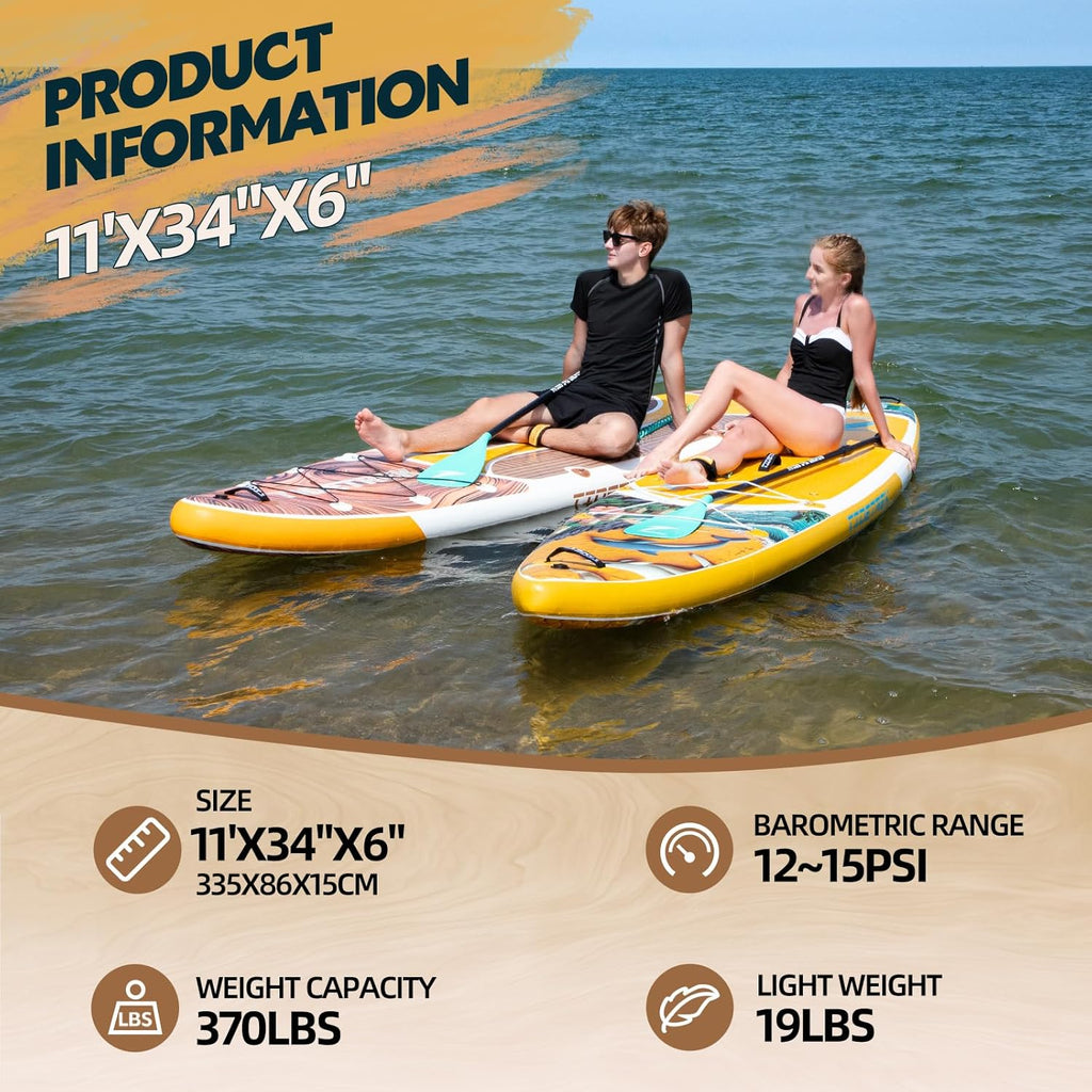 11'/11'6" x 33"/34" x 6" Inflatable SUP Paddle Board – Extra-Wide, Stable Stand Up Paddle Board with Premium Full Accessory Set for Adults & Youth