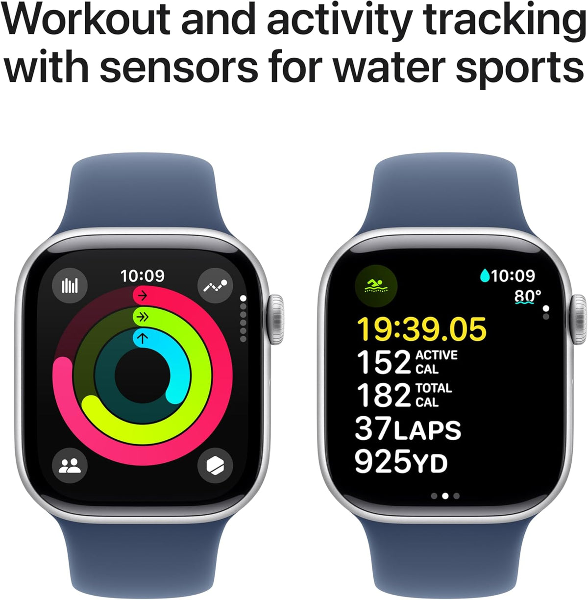 Apple Watch Series 10 GPS 42mm with Silver Aluminium Case with Denim Sport Band - S/M. Fitness Tracker, ECG App, Always-On Retina Display, Water Resistant with AppleCare+ (2-years)