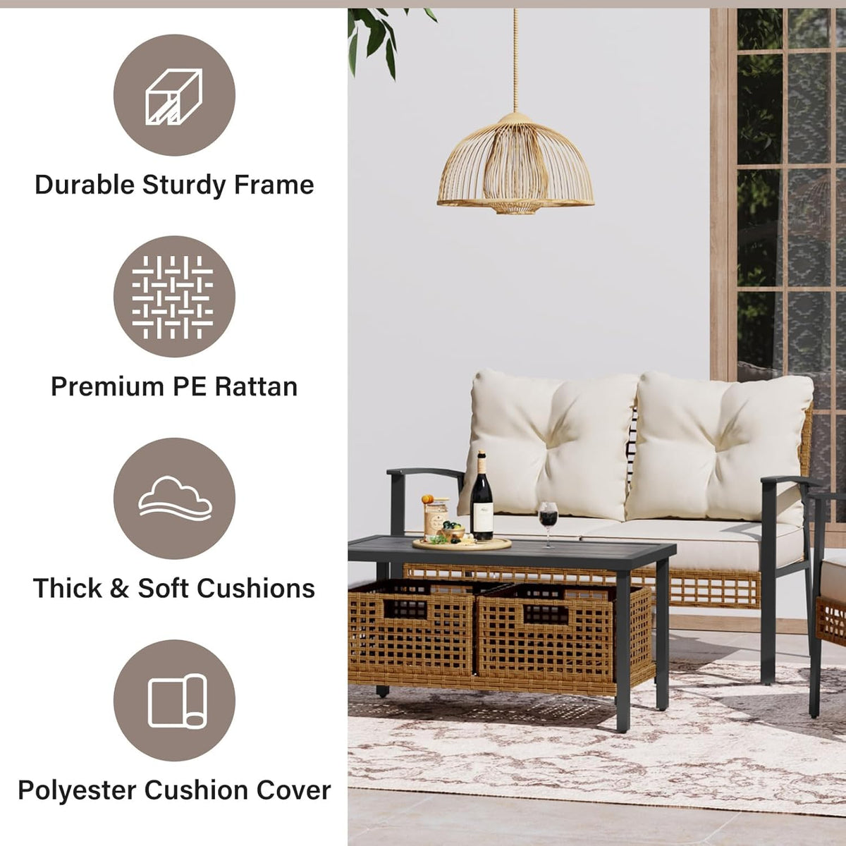 LAUSAINT HOME Outdoor Patio Loveseat with Coffee Table Set of 2, 2 Pieces Comfortable Oversized Wicker Furniture Conversation Set, Rattan Bistro Set for Backyard, Porch, Garden and Poolside, Beige