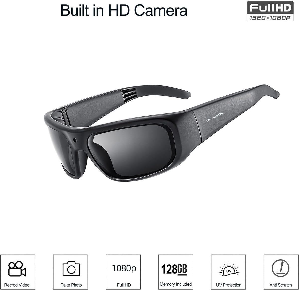 OHO Ultra-Thin Lightweight Sports Camera Sunglasses, 24MP Camera, 1080P Video, Water Resistant UV400 Lens