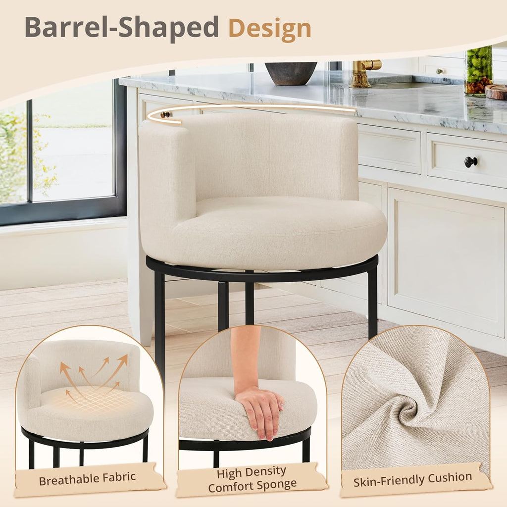 LUE BONA 26.8" Counter Height Bar Stools Set of 3, 180° Swivel Bar Stools, Modern Barrel Counter Stools with Back and Metal Frame, Fabric Upholstered Barstools for Kitchen Island, Linen Color