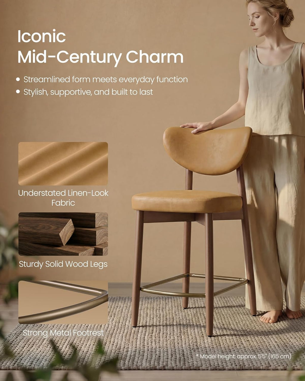 VASAGLE Wooden Bar Stools Set of 2, Upholstered Counter Height Barstools with Solid Wood Legs, Ergonomic Backrest, Mid Century Modern, for Kitchen Island, Synthetic Leather, Caramel Brown