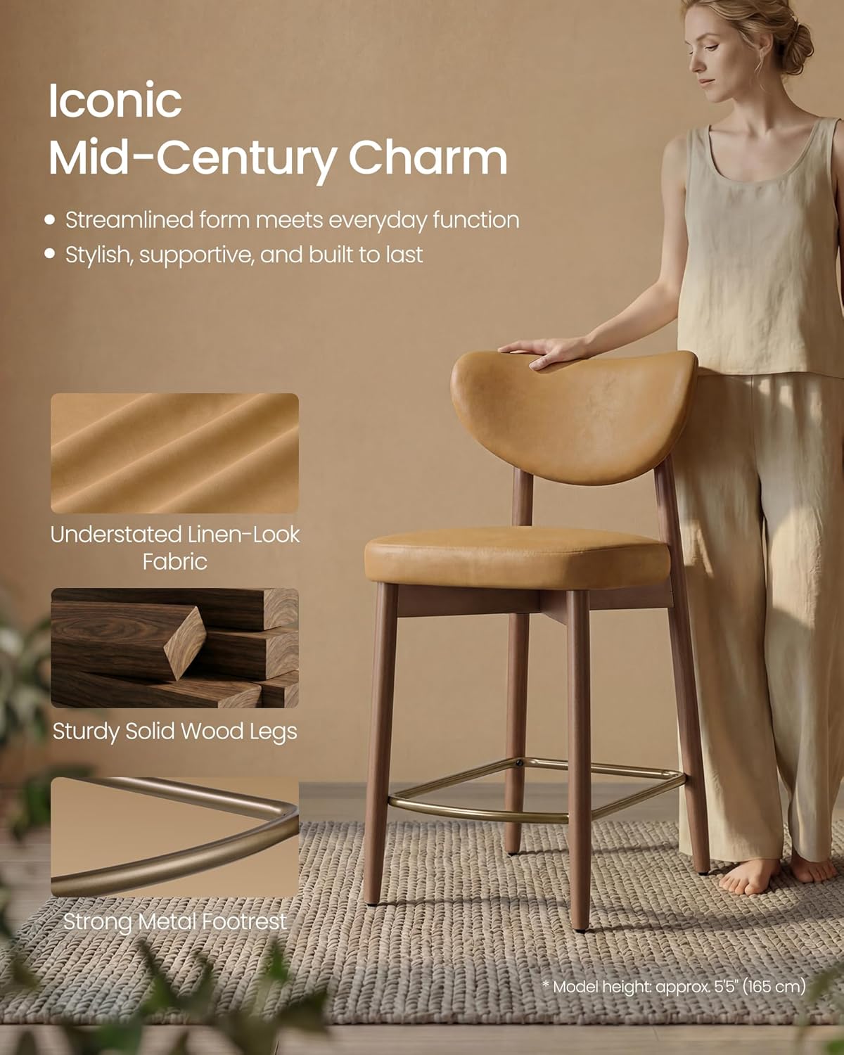 VASAGLE Wooden Bar Stools Set of 2, Upholstered Counter Height Barstools with Solid Wood Legs, Ergonomic Backrest, Mid Century Modern, for Kitchen Island, Synthetic Leather, Caramel Brown