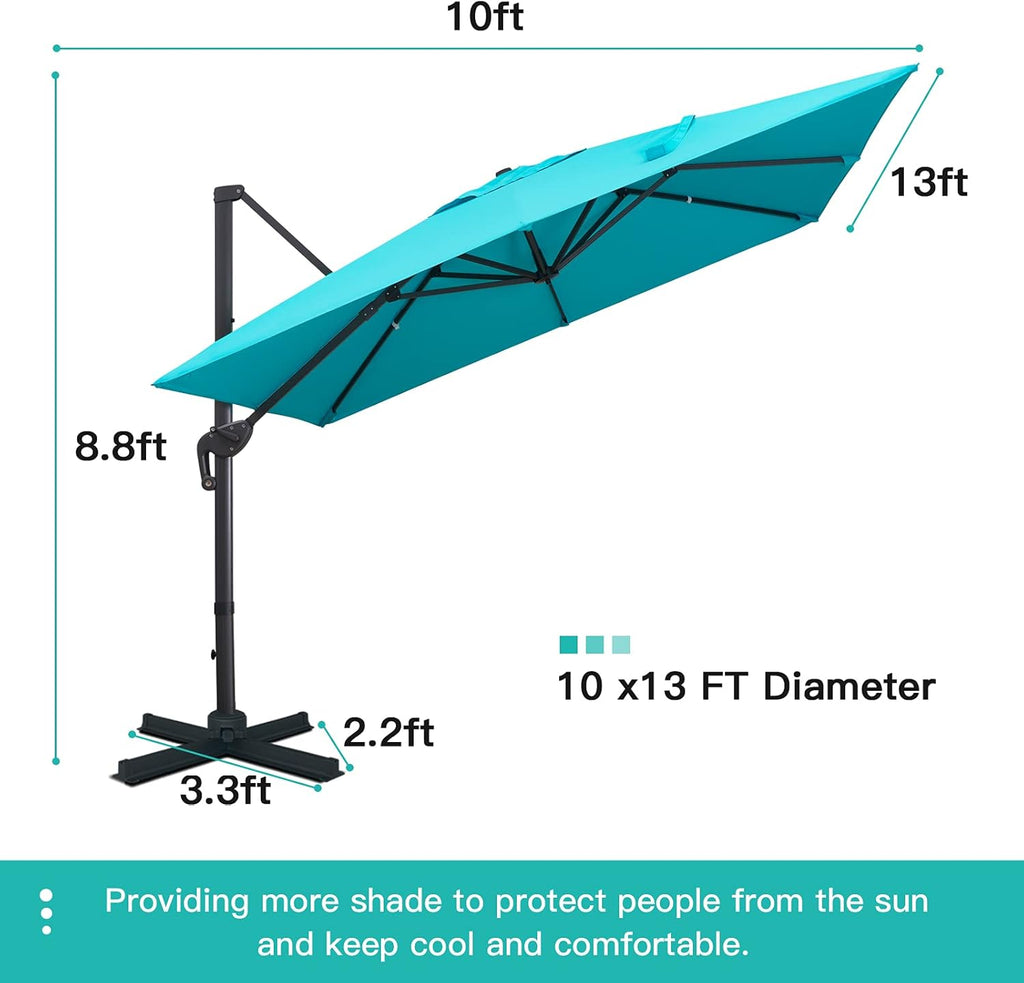 Sunnyglade 10x13Ft Cantilever Patio Umbrella Rectangular Deluxe Offset Umbrella 360°Rotation & Integrated Tilting System Patio Hanging Umbrella for Market Garden Deck Pool Backyard Patio(Blue)