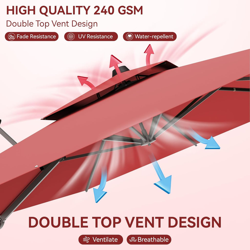 9x12 FT Patio Umbrella, Large Cantilever Rectangular Double Top Heavy Duty Offset Umbrellas with 360° Rotation, Outdoor shade for Garden Deck Pool, Red