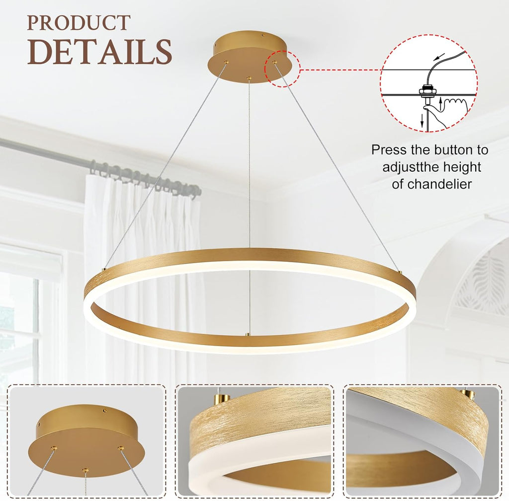 Modern LED Pendant Lighting Ring Chandelier Gold Dimmable LED Chandelier for Dining Room 36W Adjustable Pendant Light Fixture for Living Room Bedroom Home Office Foyer, 3000-6500K D24in