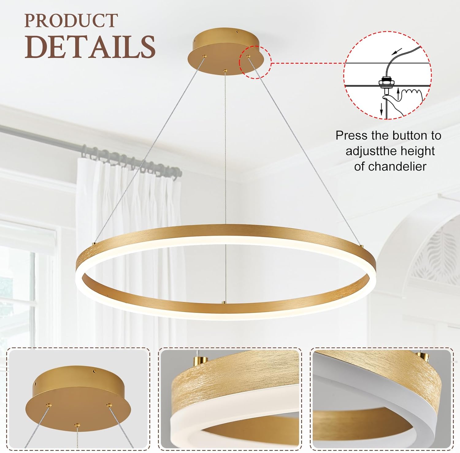 Modern LED Pendant Lighting Ring Chandelier Gold Dimmable LED Chandelier for Dining Room 36W Adjustable Pendant Light Fixture for Living Room Bedroom Home Office Foyer, 3000-6500K D24in