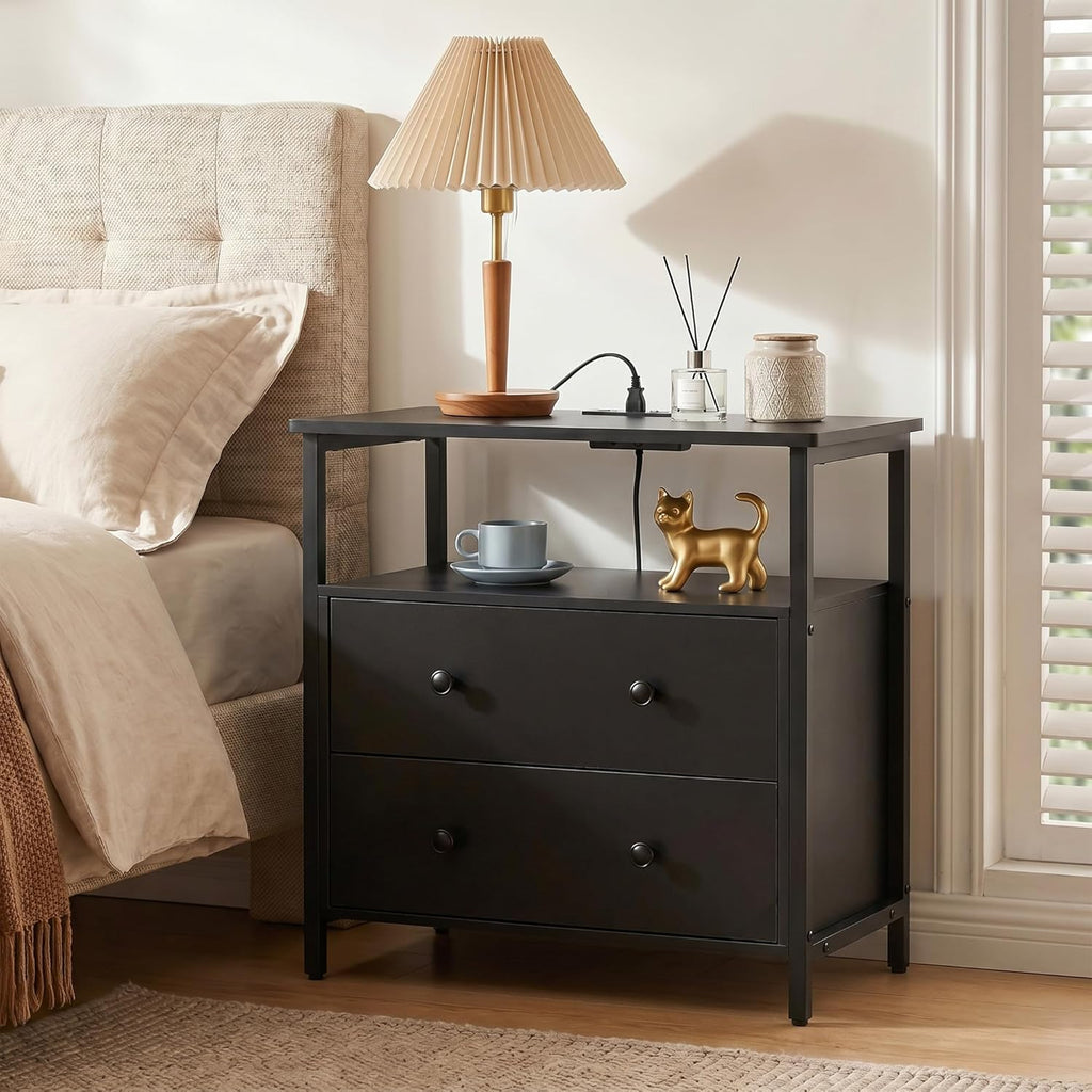 Edbuosy 27 inch Wide Night Stand with Charging Station, Bedside Table with Open Shelf, 2 Drawers Small Wood Dresser, Modern Wood Nightstand for Bedroom/Living Room (Black)