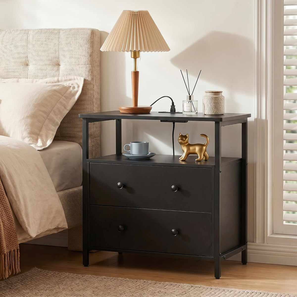 Edbuosy 27 inch Wide Night Stand with Charging Station, Bedside Table with Open Shelf, 2 Drawers Small Wood Dresser, Modern Wood Nightstand for Bedroom/Living Room (Black)