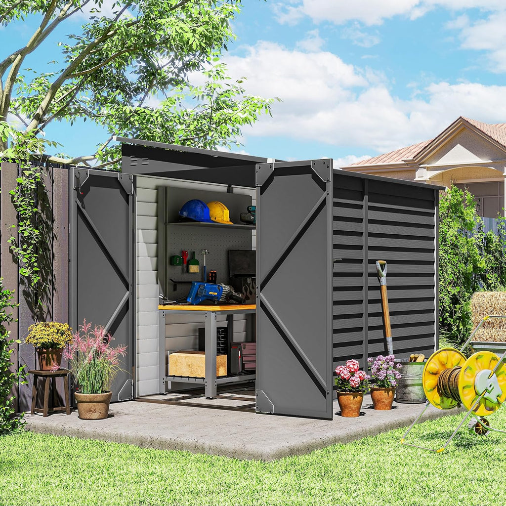 Outsunny 4.6' x 9' Steel Outdoor Storage Shed, Waterproof Lean to Shed, Metal Garden Tool House with Foundation Kit, Lockable Doors, Gloves and 2 Air Vents for Backyard, Patio, Lawn, Dark Gray