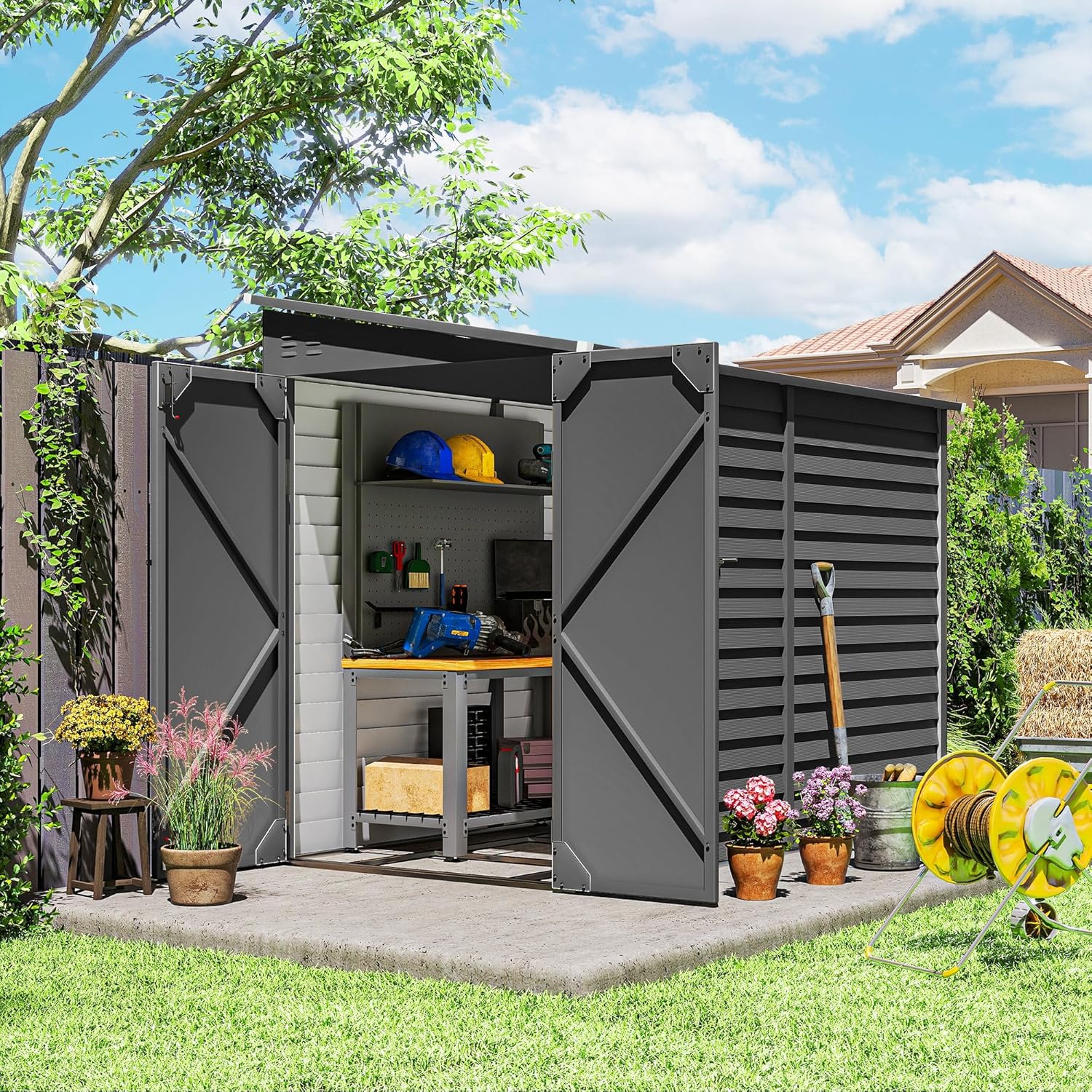 Outsunny 4.6' x 9' Steel Outdoor Storage Shed, Waterproof Lean to Shed, Metal Garden Tool House with Foundation Kit, Lockable Doors, Gloves and 2 Air Vents for Backyard, Patio, Lawn, Dark Gray