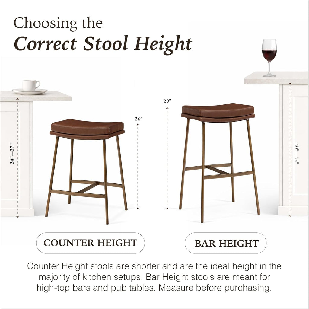 Maven Lane Berkley Backless Bar Stool 31 Inch – Saddle Stool with Footrest – Aged Gold Metal Frame & Brown Faux Leather Upholstery – Ideal for Bars, Pubs and Tall Kitchen Counters