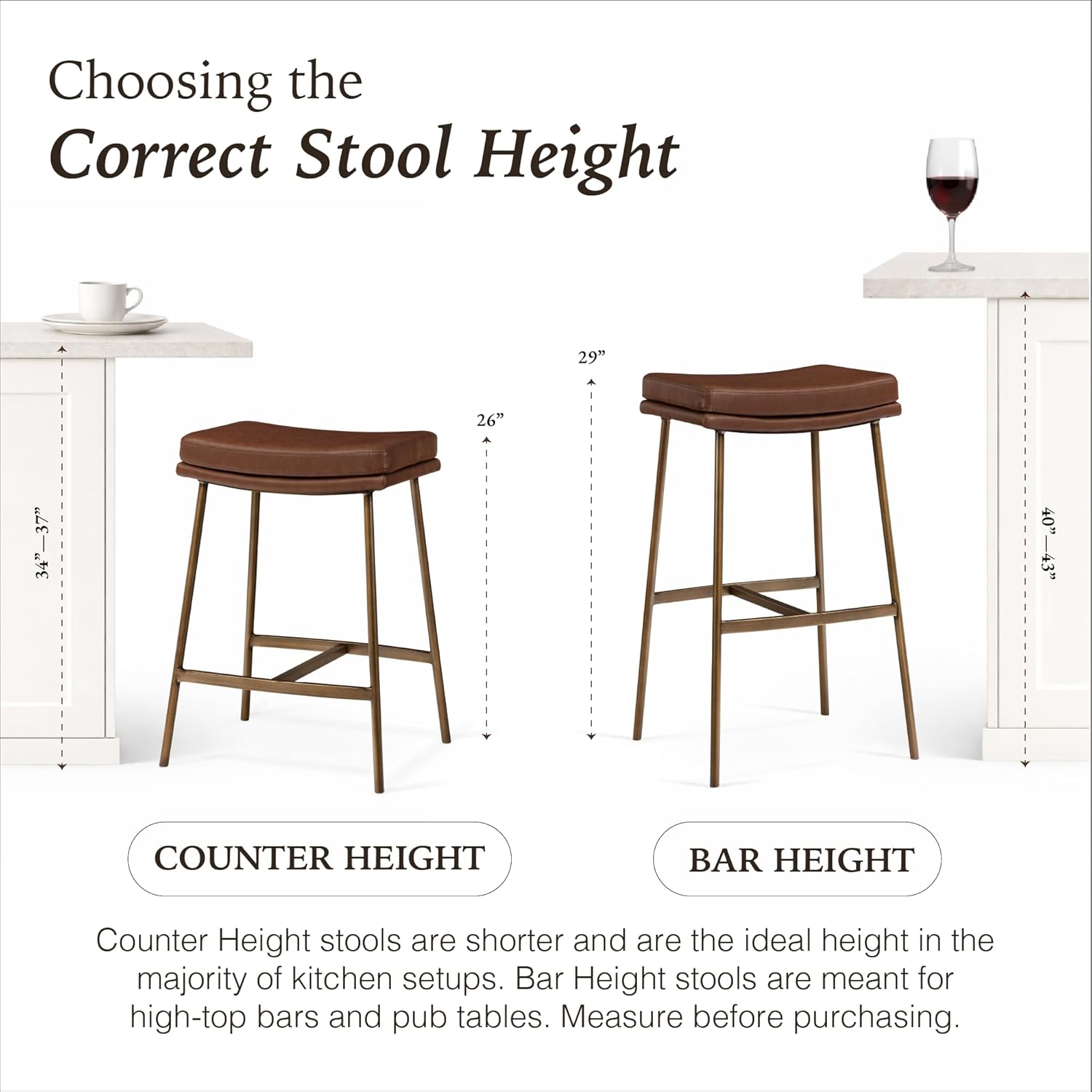 Maven Lane Berkley Backless Bar Stool 31 Inch – Saddle Stool with Footrest – Aged Gold Metal Frame & Brown Faux Leather Upholstery – Ideal for Bars, Pubs and Tall Kitchen Counters