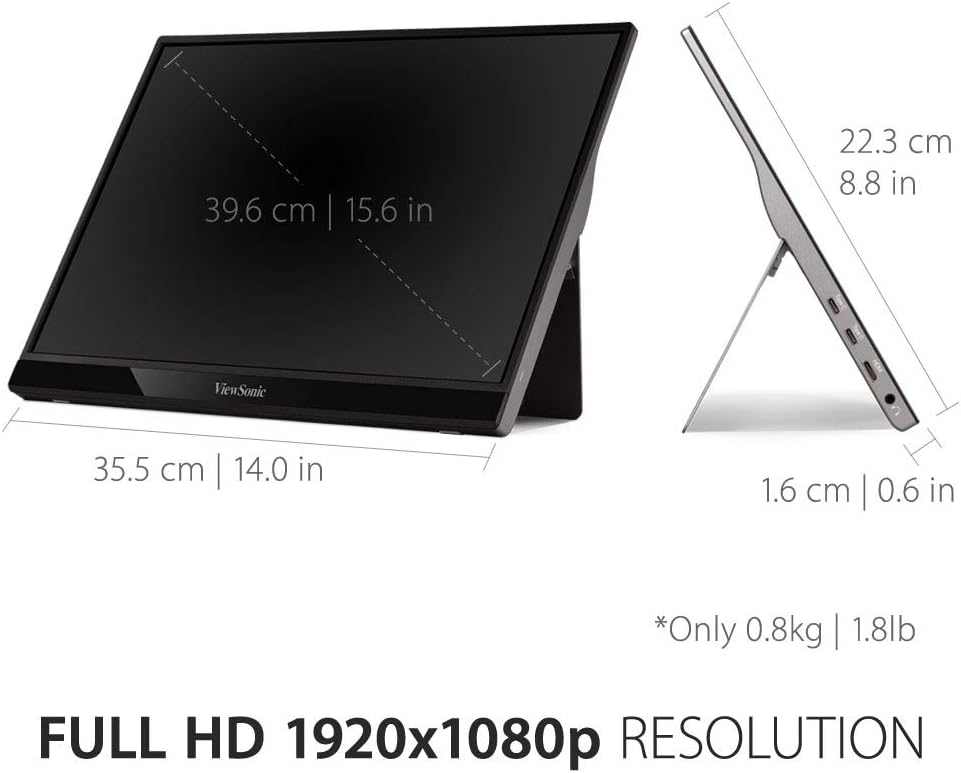 ViewSonic VG1655 15.6" 1080p Portable Monitor w/ 2 Way Powered 60W USB C, IPS, Eye Care, Dual Speakers, Built in Stand w/Cover (Renewed)