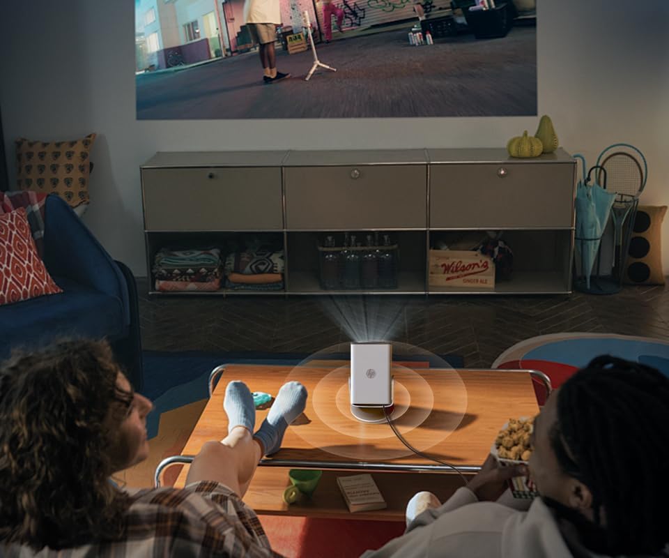 HP MC400 Mini Portable Smart Projector with WiFi and Bluetooth, Short Throw 4K Support & 1080P, Wireless Screen Mirroring, Built-in App & Speaker, USB-C Powered for Home Theater and Outdoor Movies
