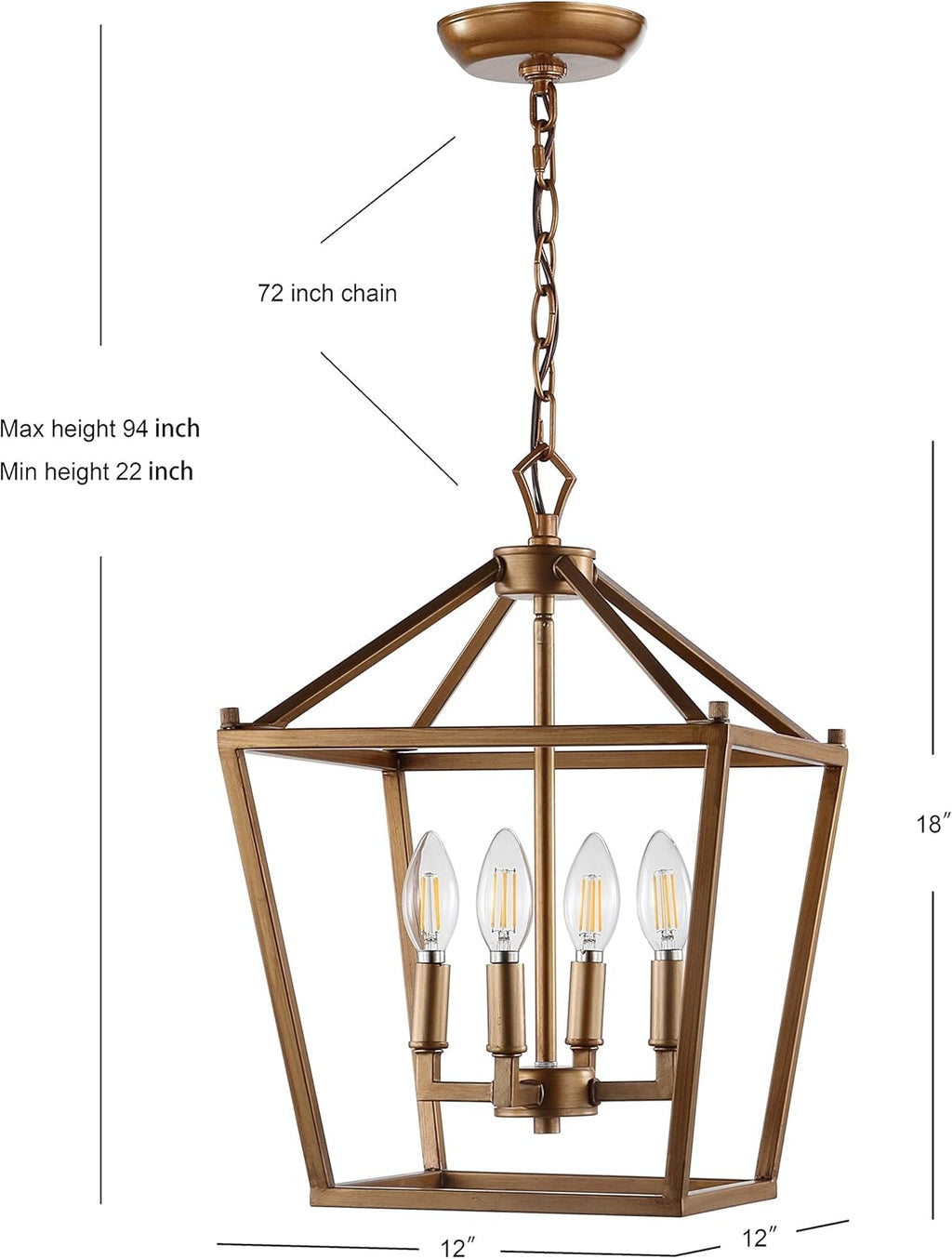 JONATHAN Y 12" Antique Gold Lantern Pendant Light, 4-Light Pagoda Style Metal Cage Farmhouse Hanging Ceiling Fixture for Kitchen Island, LED Bulb Included (JYL7436B)