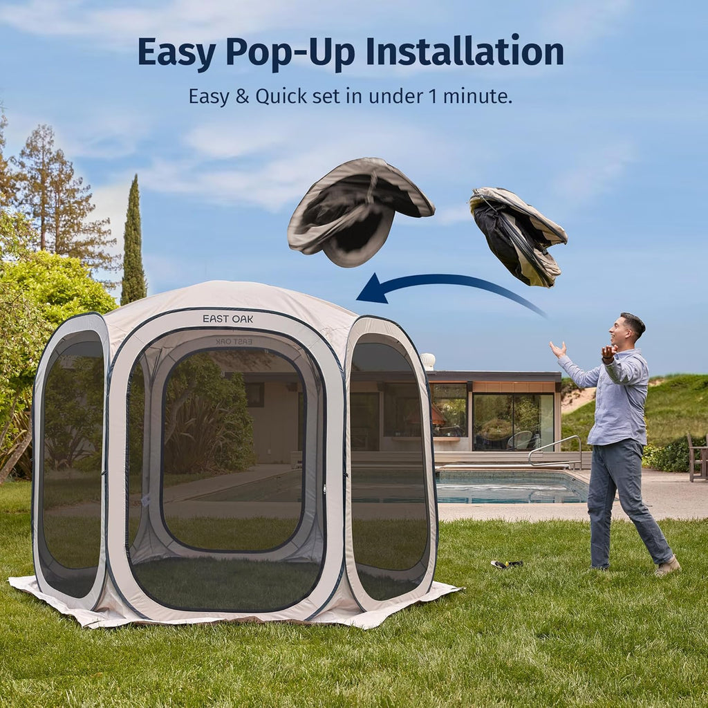 East Oak Pop up Screen Tent with Mosquito Netting, Portable Screen House Canopy Shelter, 10 x 10 FT Instant Screen Gazebo & UPF 50+ UV Protection for Patio, Backyard, Deck & Outdoor Activities, Beige