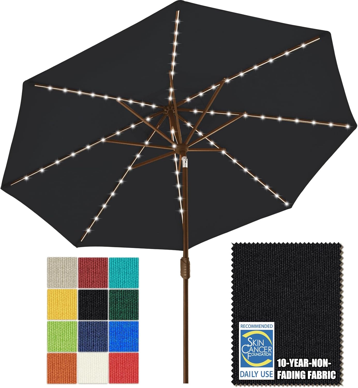 EliteShade USA 10-Year-Non-Fading 9ft Market Patio Umbrella, Commercial Grade Table Sun Umbrella with 80 Solar LED Lights, Crank Open, Windproof & UPF 50+ UV Protection for Garden, Deck, Pool, Backyard, Black