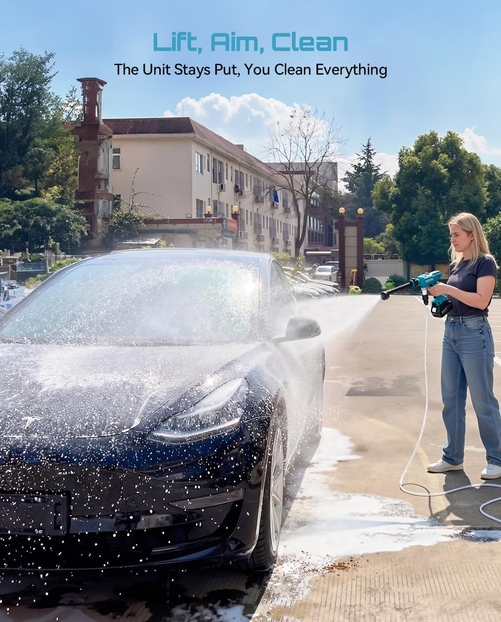 SEESII Cordless Portable Washer, Electric Power Washer with 2x4000mAh Batteries, Lightweight Washer Gun with 6-in-1 Nozzle & 27FT Hose, Handheld Power Cleaner for Car, Driveway, Garden, Patio & Fence
