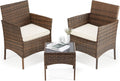 DUMOS 3 Piece Patio Furniture Set, All-Weather Outdoor Wicker Chairs with Removable Cushions & Tempered Glass Table, Small Bistro Set for Porch, Balcony, Lawn, Backyard, Brown