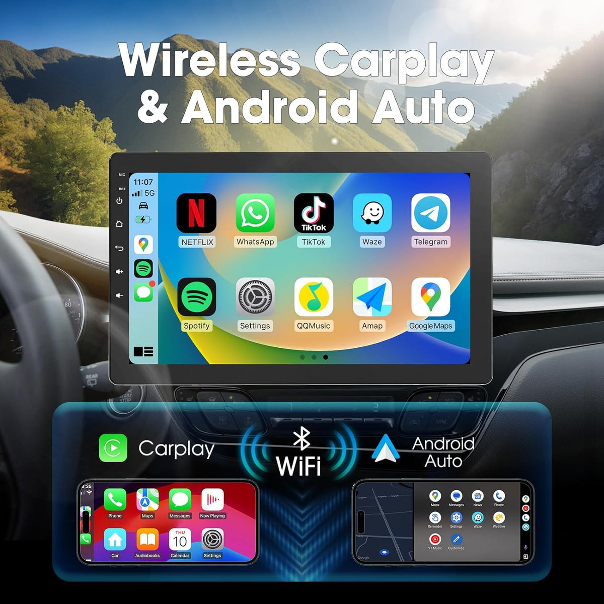 Haudio 10.1 inch Single Din Car Stereo, Rotatable Touch Screen Radio with Wireless Apple CarPlay & Android Auto, Backup Camera, Mirror Link, SWC, GPS, Voice Control, Bluetooth, WiFi