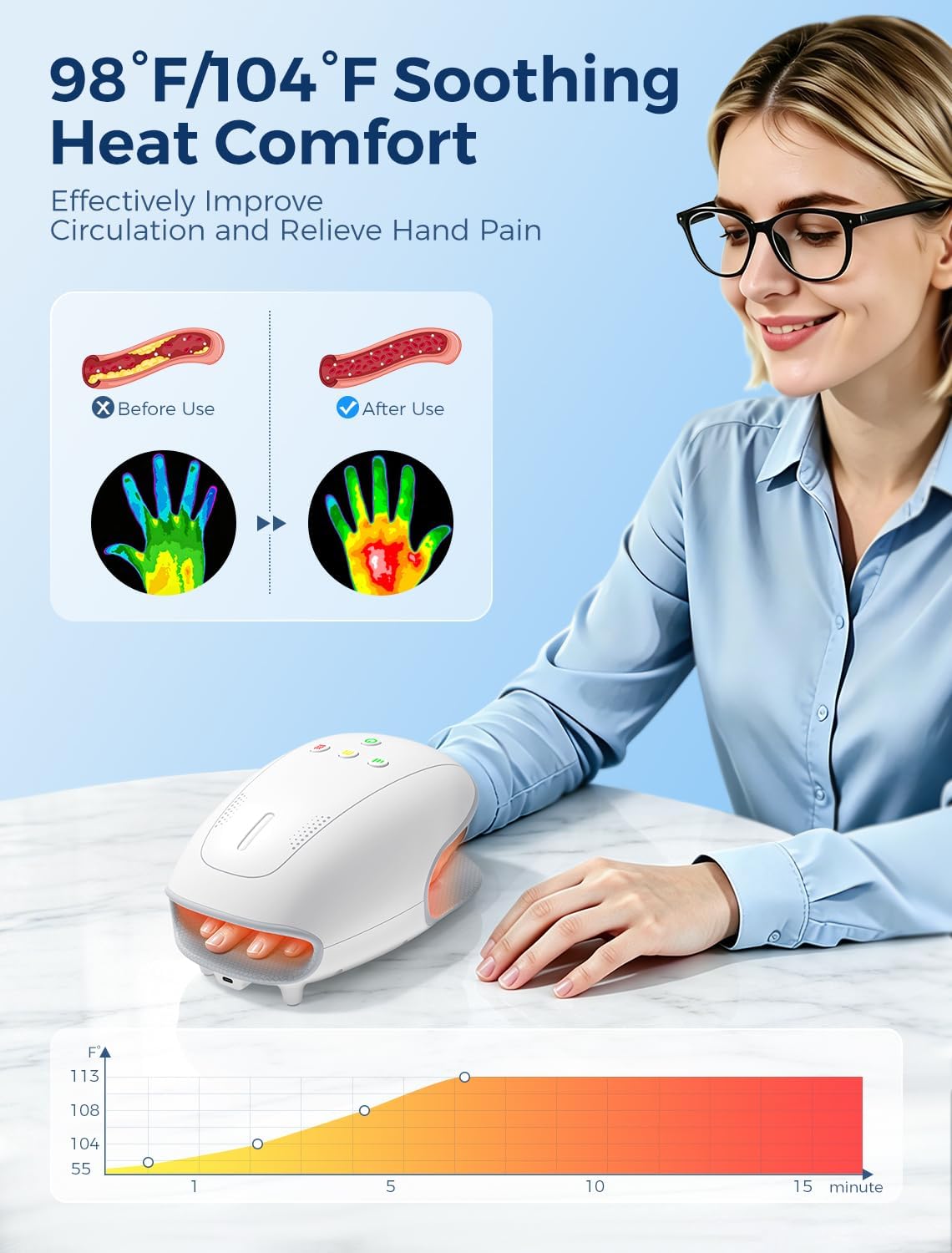 Estefanlo Hand Massager with Heat and Compression, Cordless Hand Massager for Arthritis Pain Relief, 3 Modes Air Compression Finger Massage Device, 2 Heat Levels, Washable Silicone Liner