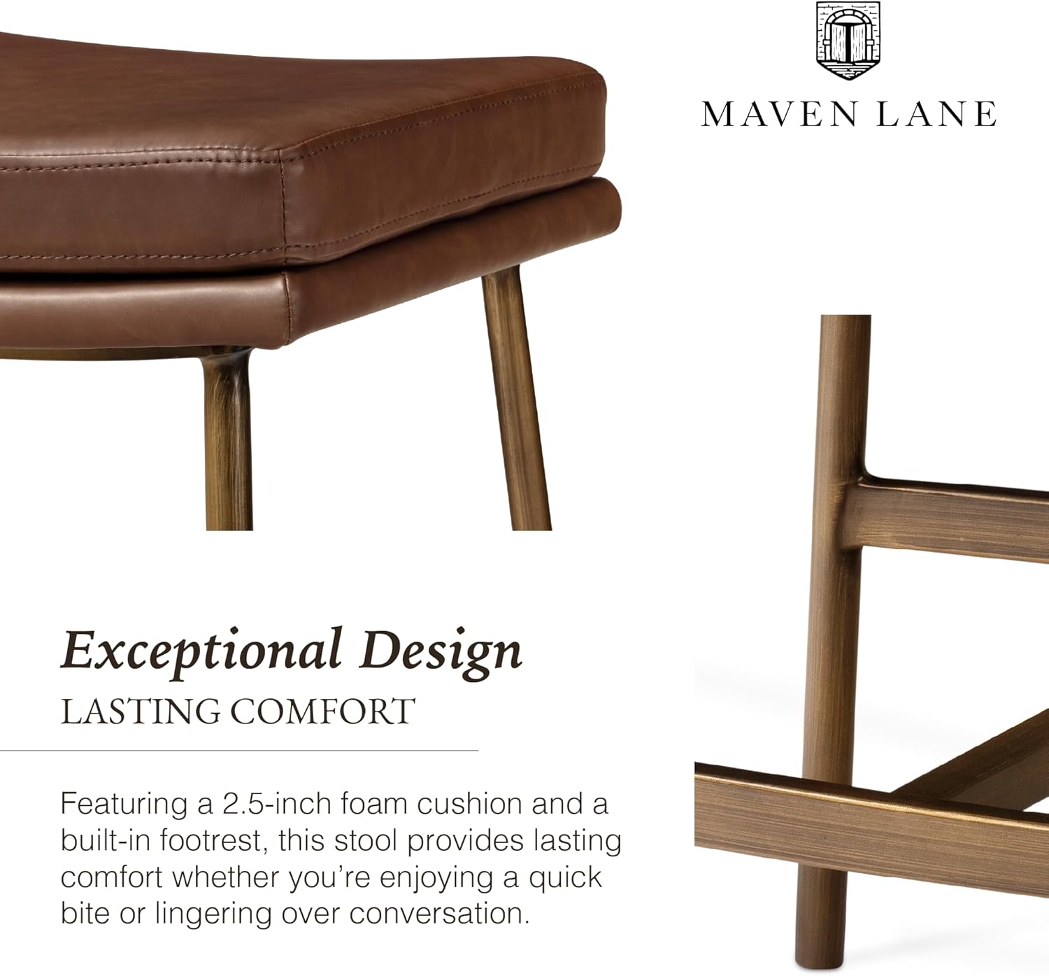 Maven Lane Berkley Backless Bar Stool 31 Inch – Saddle Stool with Footrest – Aged Gold Metal Frame & Brown Faux Leather Upholstery – Ideal for Bars, Pubs and Tall Kitchen Counters