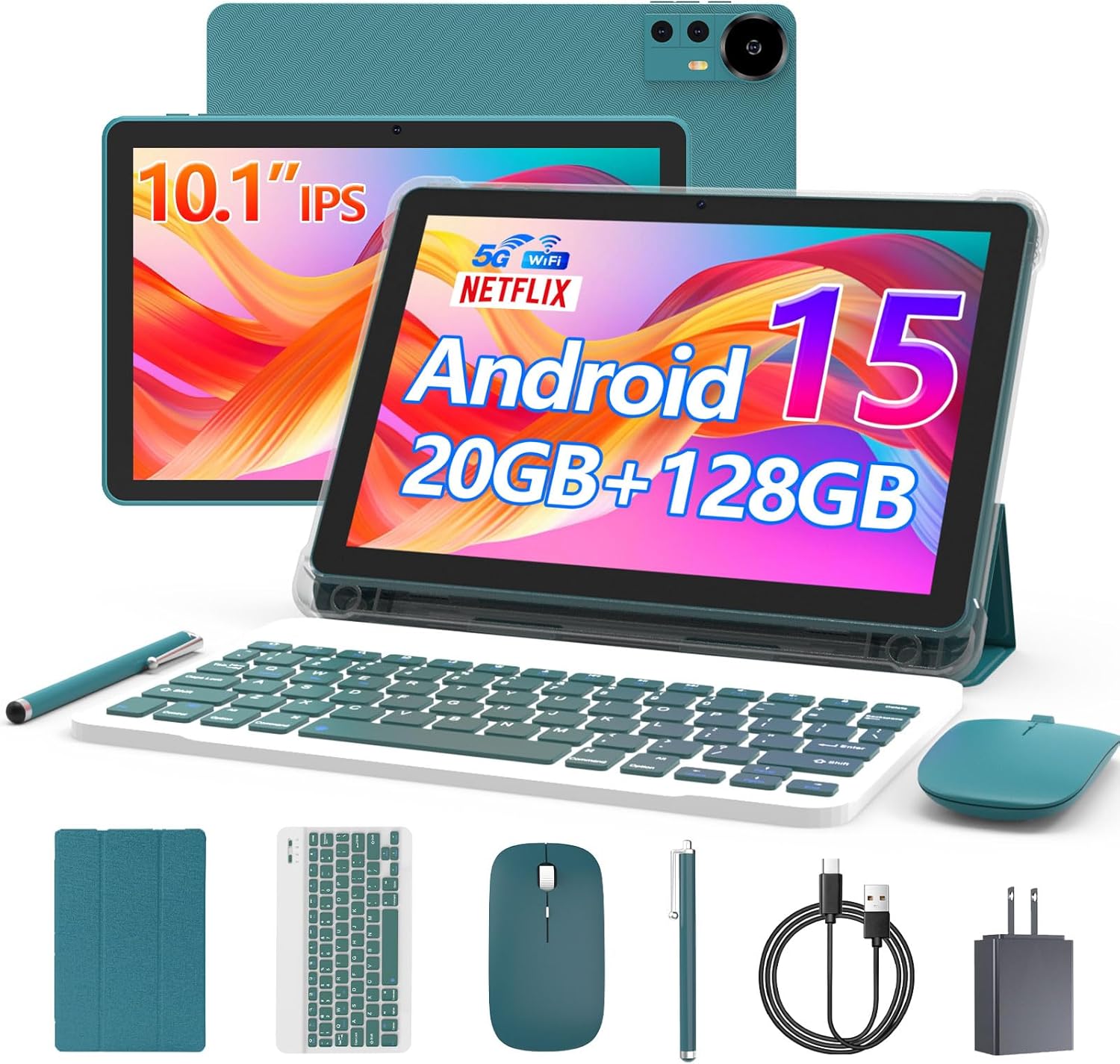 CUPEISI Android 15 Tablet 10 Inch, 20GB RAM+128GB ROM/ 2TB Expandable, 2.0GHz Quad-core Processor, 1280*800 HD Screen, 5G WiFi6 BT 5.0, 2 in 1 Tablets with Keyboard Case Mouse Stylus, Widevine L1 Blue