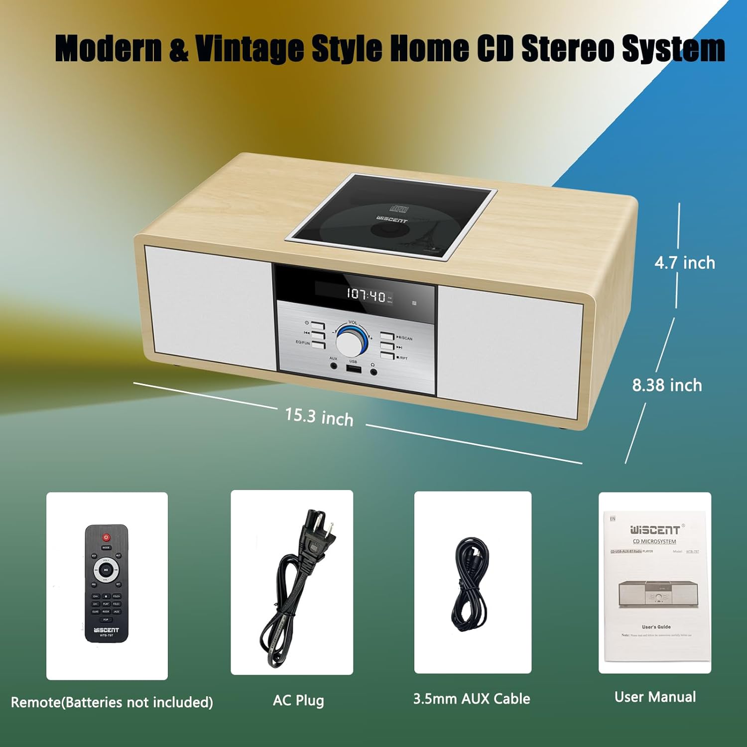Bluetooth Stereo System for Home with CD Player, Vintage Wooden Hi-Fi Music System with Bluetooth, FM Radio, AUX & USB Input, Remote Control, Compact Radio & Stereo