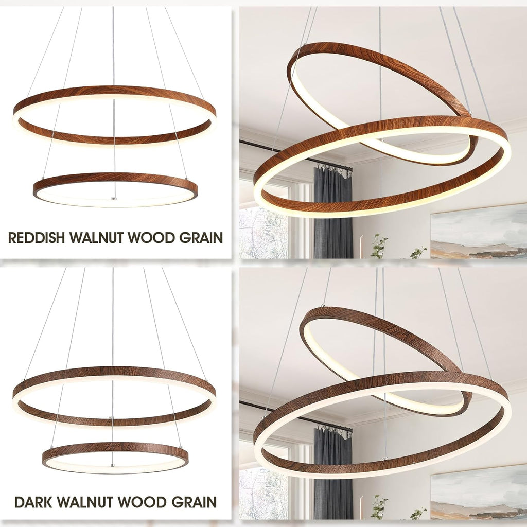 2 Rings Chandelier Modern LED Pendant Light for Dining Room Circular Round Chandelier Dimmable with Remote Wood Grain Hanging Ceiling Lights for Entryway Bedroom, 20 Inches 3000K-6500K