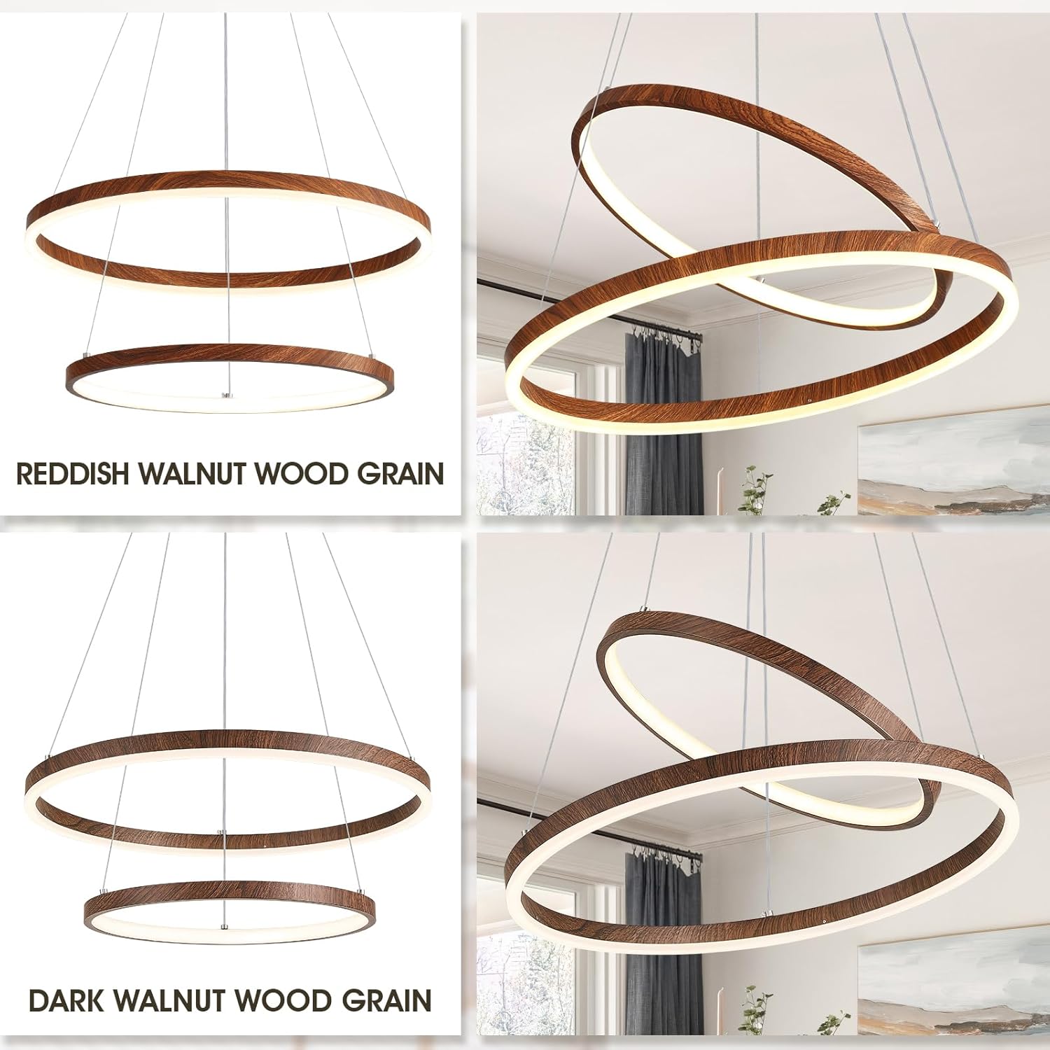 2 Rings Chandelier Modern LED Pendant Light for Dining Room Circular Round Chandelier Dimmable with Remote Wood Grain Hanging Ceiling Lights for Entryway Bedroom, 20 Inches 3000K-6500K