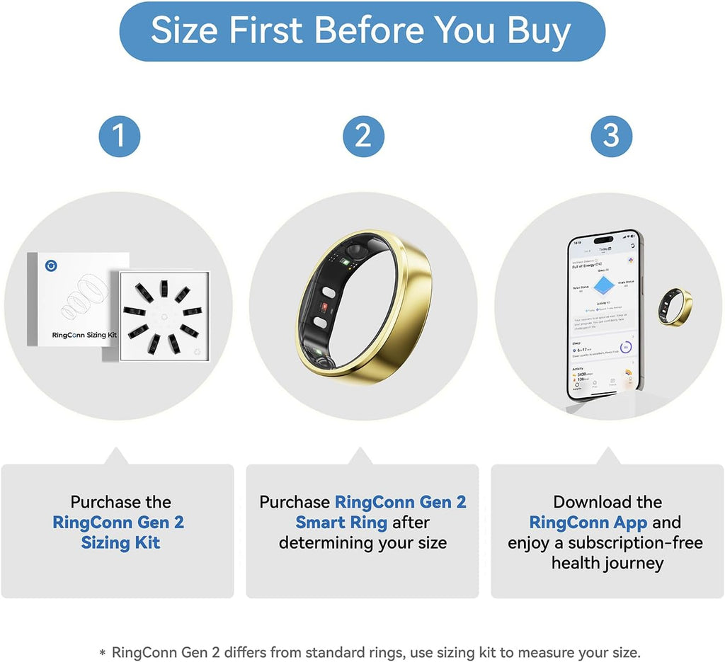 RingConn Gen 2, World's First Smart Ring with Sleep Apnea Monitoring, No APP Subscription, 12-Day Battery Life, Stress/Heart Rate/Women's Health Tracker, Android & iOS Compatible (Gold, Size 10)
