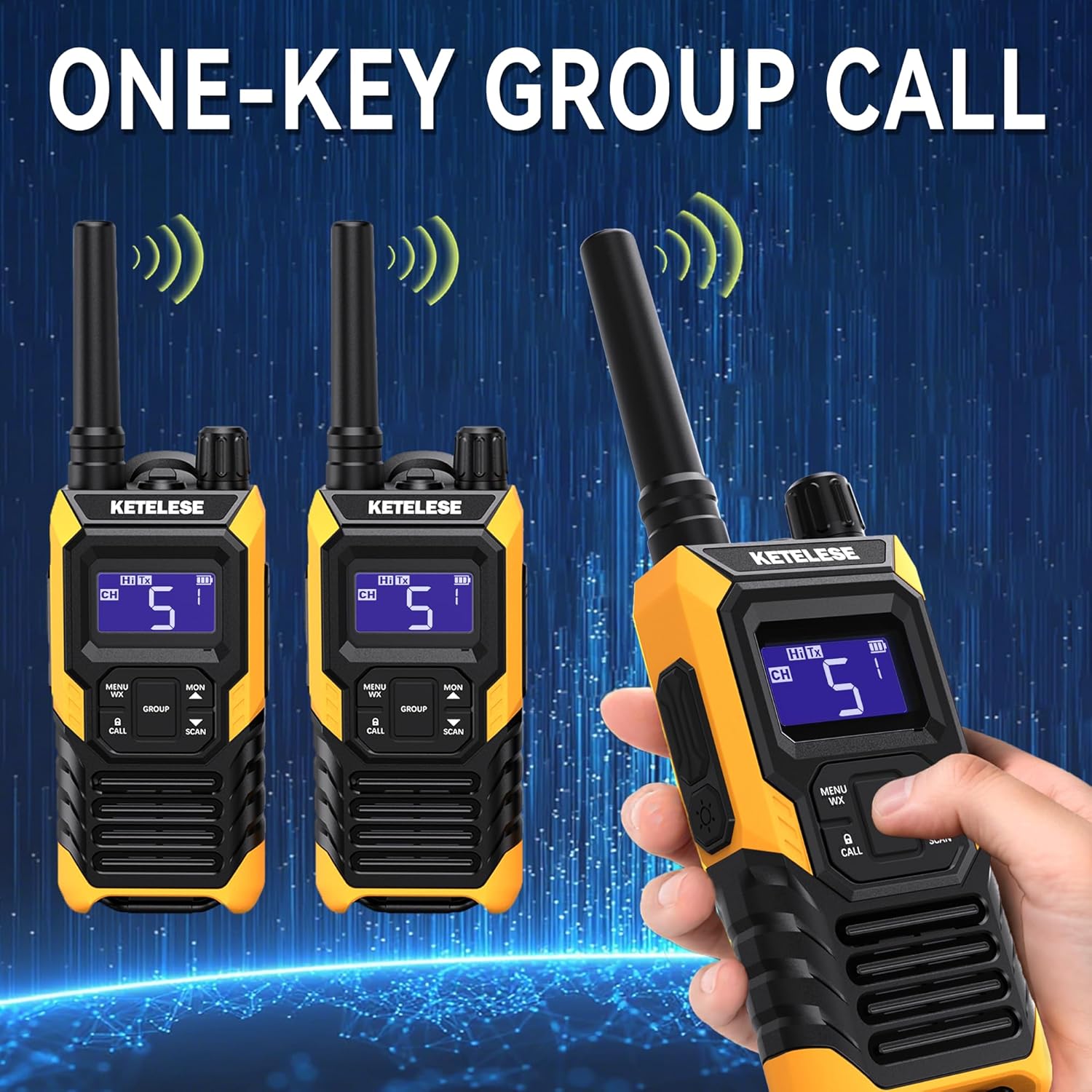KETELESE T4 Long Range Walkie Talkies, Portable Two Way Radios IP67 Waterproof, with Earpiece, NOAA&Weather Alarm, PTT, Group, VOX, 4Pack, Orange