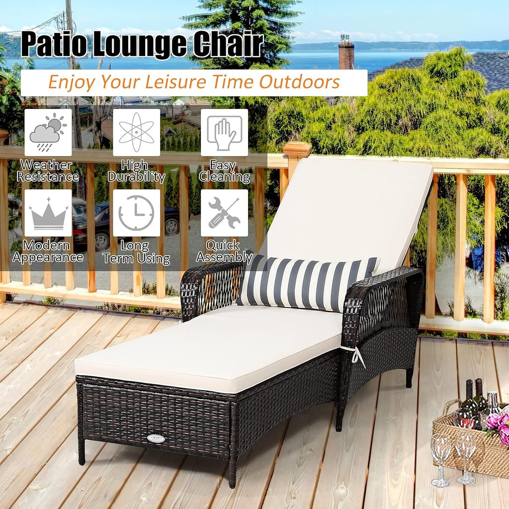 COSTWAY PE Rattan Chaise Lounge Chair, 6 Gear Adjustable Recliner with Armrest & Pillow, Wicker Outdoor Furniture for Deck, Patio (1, Brown)