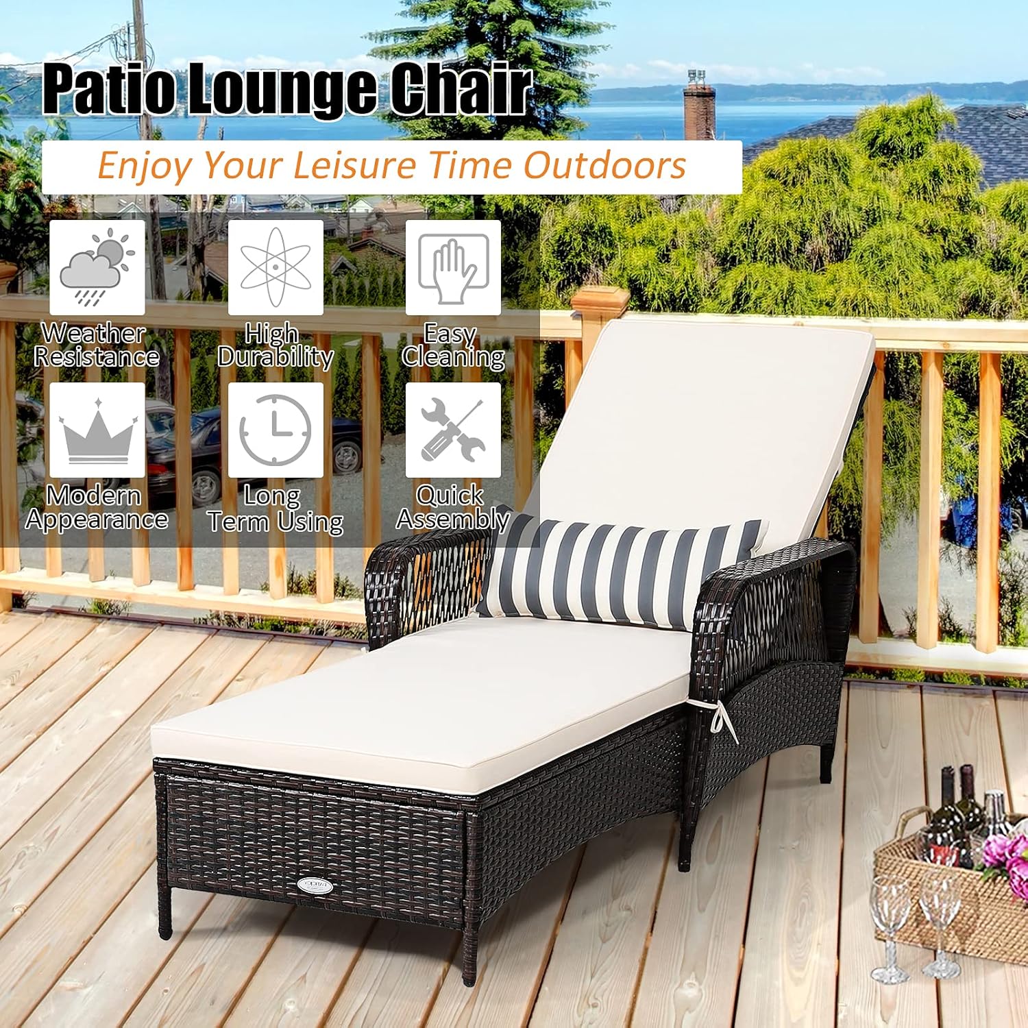 COSTWAY PE Rattan Chaise Lounge Chair, 6 Gear Adjustable Recliner with Armrest & Pillow, Wicker Outdoor Furniture for Deck, Patio (1, Brown)