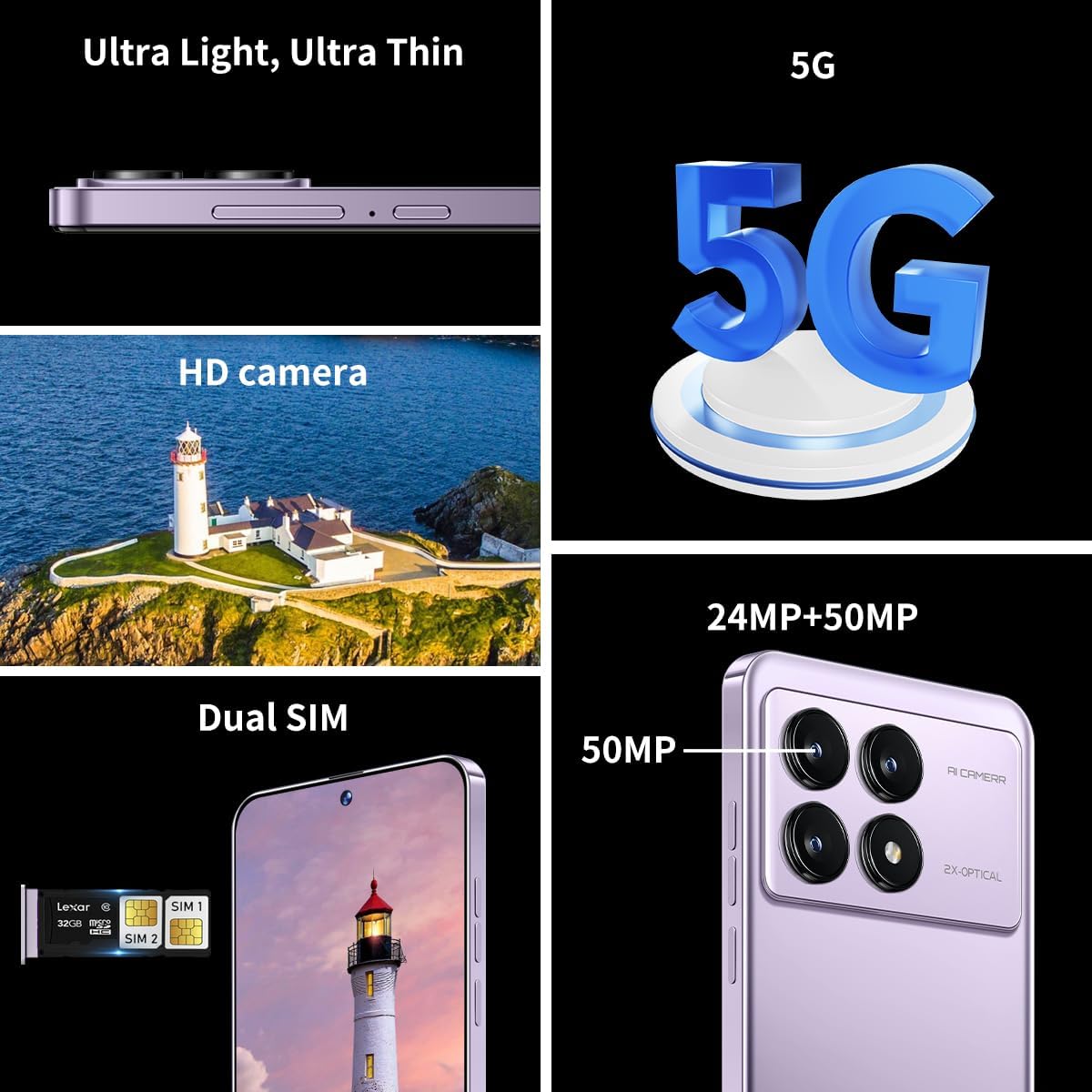 K70 5G Unlocked Cell Phones 2026 Android 13 Unlocked Phones 6.8" HD Screen 8GB+256GB 8-Core Android Phones 6800mAh Battery Standby 24MP+50MP Camera 5G Dual SIM Unlocked Smartphones(Purple)