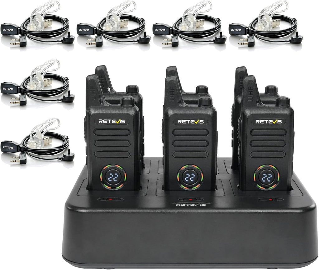 Retevis RT22S 2 Way Radios Rechargeable,Long Range Walkie Talkies with Earpiece and Mic Set,Channel Display,Signal Prompt,Handsfree Portable Two-Way Radio(6 Pack) with 6 Way Multi Gang Charger