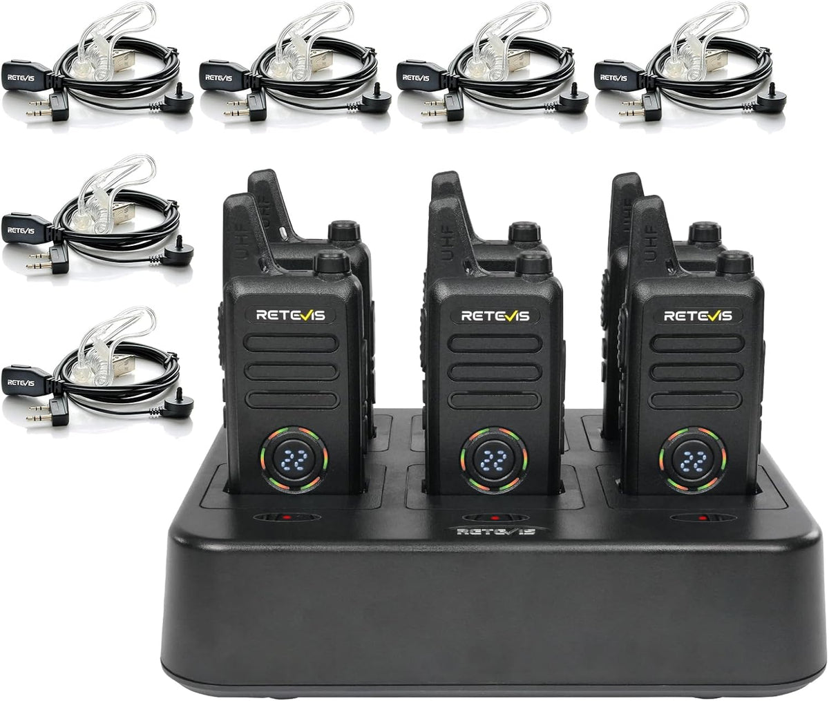 Retevis RT22S 2 Way Radios Rechargeable,Long Range Walkie Talkies with Earpiece and Mic Set,Channel Display,Signal Prompt,Handsfree Portable Two-Way Radio(6 Pack) with 6 Way Multi Gang Charger
