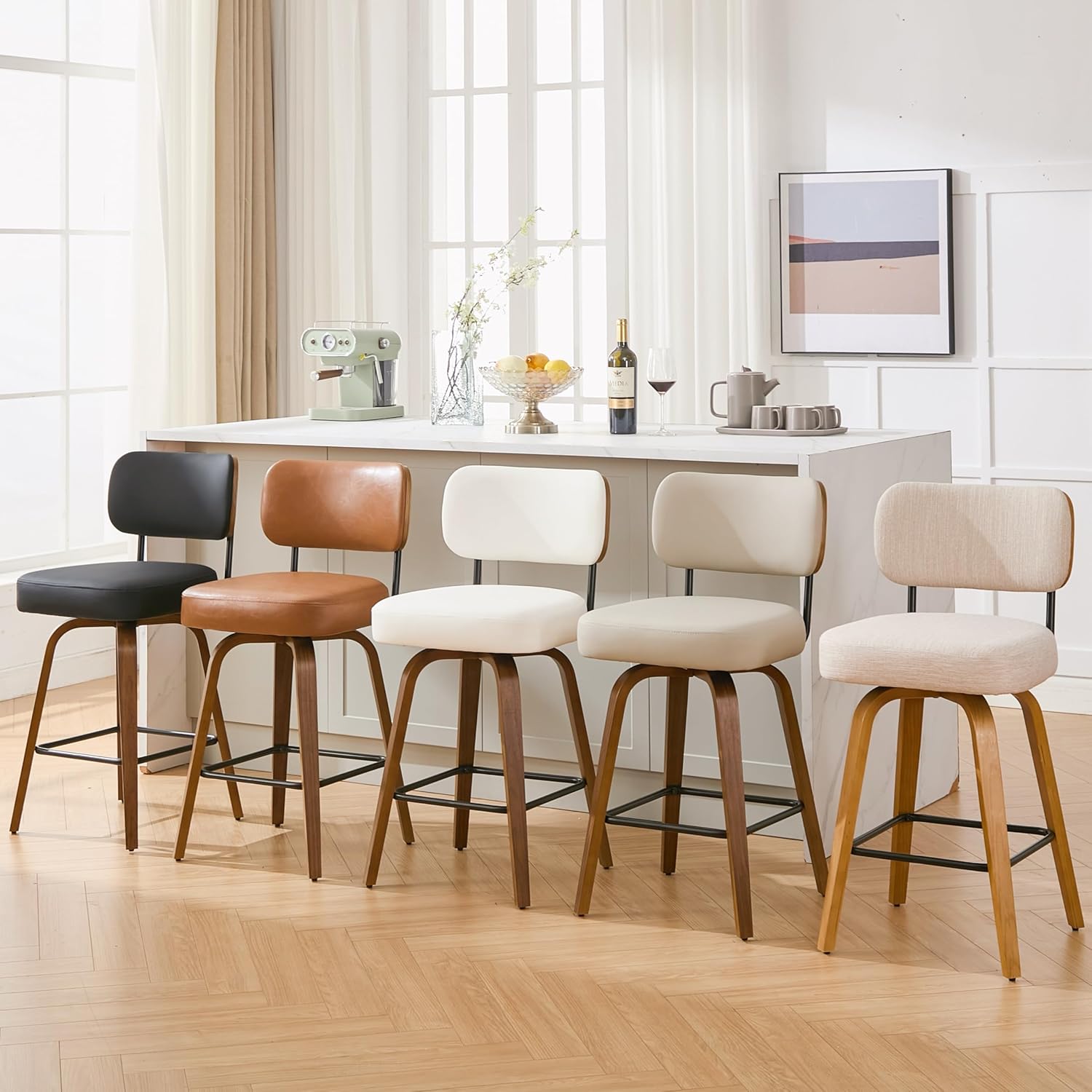 Swivel Bar Stools Set of 3, 26" Upholstered Counter Height Bar Stools with Back and Walnut Wood Legs, Faux Leather Barstools for Kitchen Counter, Black