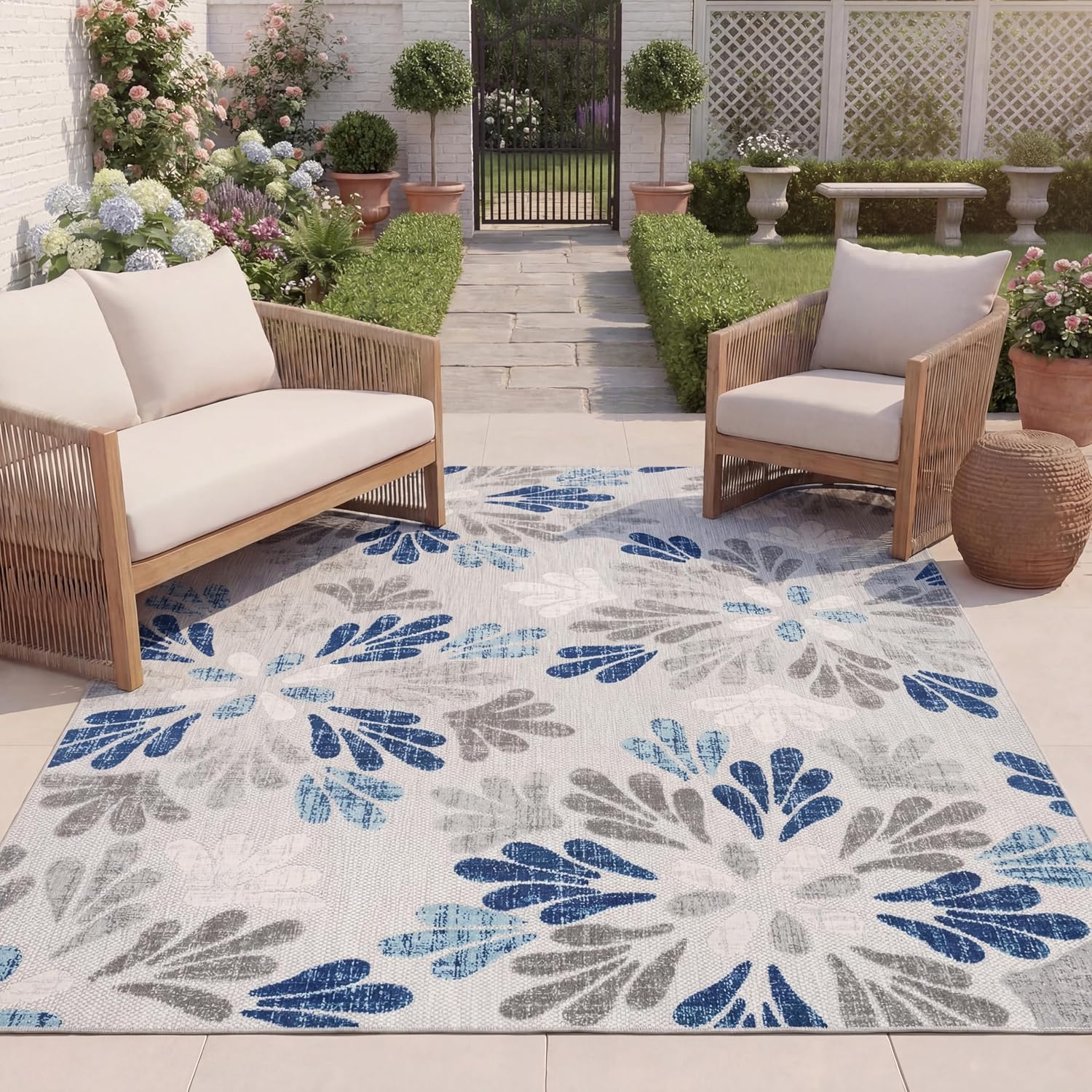 SAFAVIEH Washable Rug Outdoor Cabana Collection - 9' x 12', Grey & Blue, Non-Shedding & Easy to Clean, Ideal for Patio, Backyard, Mudroom (CBN800F)